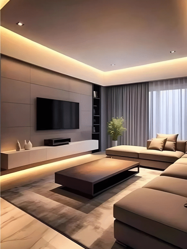 Cinewall Amber – warm-toned media wall with modern finish, integrated TV space and lighting