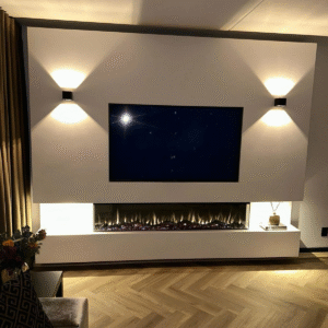 Cinewall Milano – premium media wall with marble-look finish, TV and fireplace insert