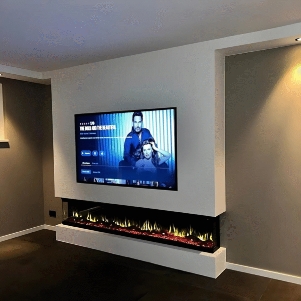 Cinewall Simple 3-Sided – modern fireplace media wall with 3-sided fire view