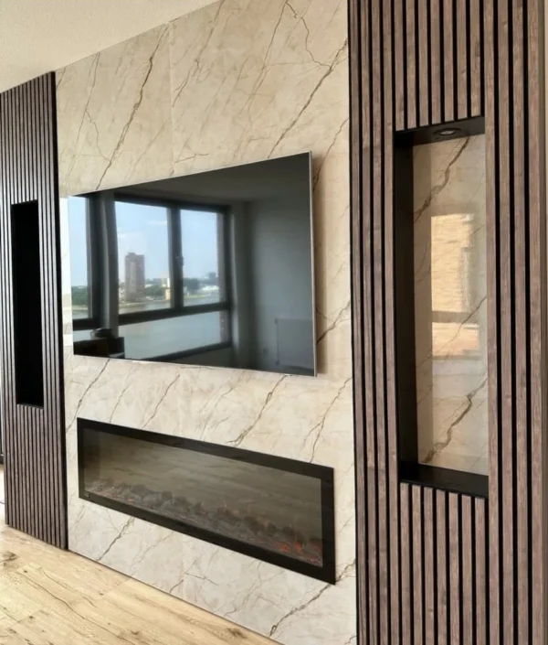 Cinewall Sofia – modern media wall in light wood tones with sleek LED lighting and TV unit