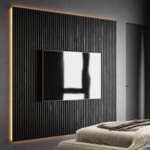 Cinewall Wood – contemporary TV wall with wooden slat finish and ambient lighting