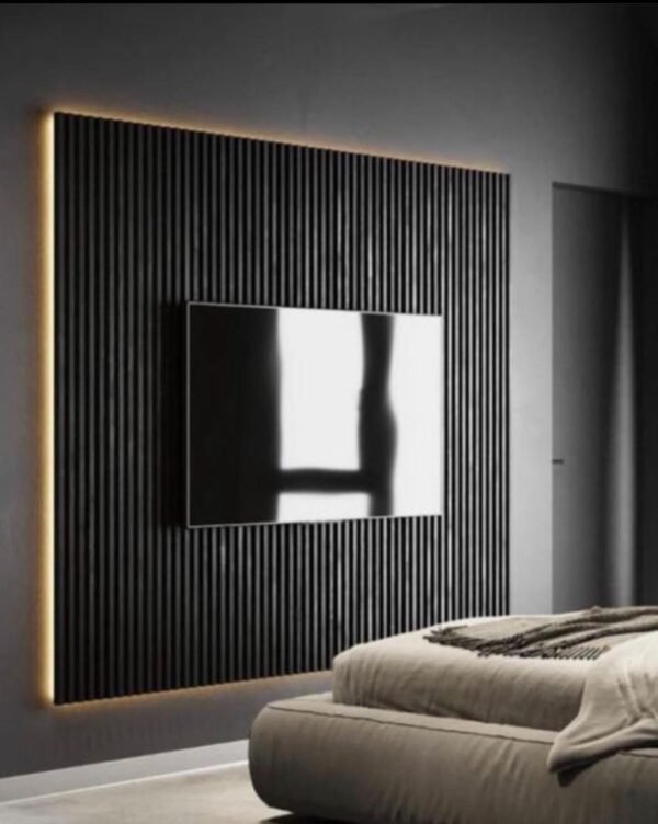 Cinewall Wood – contemporary TV wall with wooden slat finish and ambient lighting