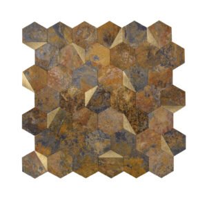 Rustic patina hexagon mosaic tile with aged metal and gold accents