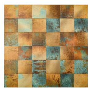 Copper patina square mosaic tile with aged copper and turquoise tones