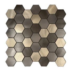 Dark and gold hexagon mosaic tile with brushed metallic finish