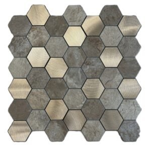 Stone and gold hexagon mosaic tile with natural stone texture and brushed gold metal accents in a geometric hexagon pattern