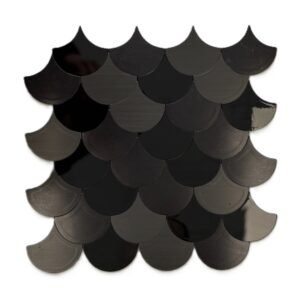 Black scallop mosaic tile with fish scale pattern and dark metallic finish for luxury wall applications