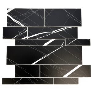 Black marble brick mosaic with white veining mounted on mesh, designed for luxury kitchen and bathroom wall installations