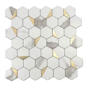 White marble hexagon mosaic with gold accents S021 for interior wall applications