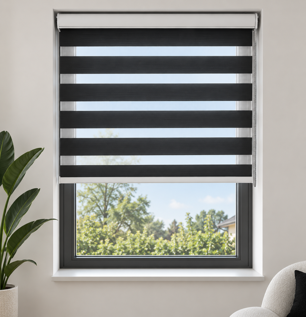 Black Duo Roller Blind on a Modern Window