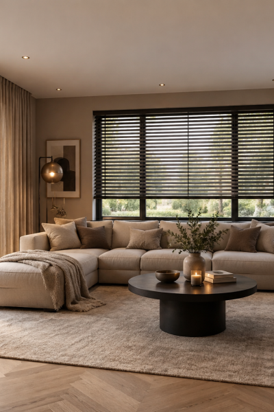 Modern living room with curtains, Venetian blinds and pleated blinds